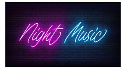 Neon Night Music, lettering. Neon text of Night Music on black brick background