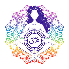 Relaxed meditating yogi woman on sacred lotus background. Vector illustration
