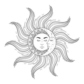 Sun and moon with man and woman faces on white background, vintage mystic symbol art. Vector illustration