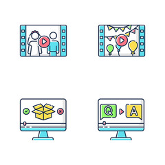 Video content RGB color icons set. Birthday party and wedding videography. Question and answer interview. Product review. Isolated vector illustrations