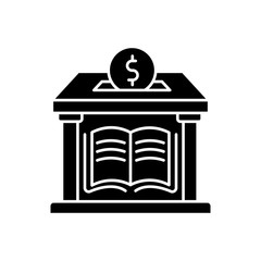 Public library donation black glyph icon. Donate money to support free education. Help public school. Financial aid for archive. Silhouette symbol on white space. Vector isolated illustration