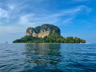 Ko Poda island landscape with big rocks and turquoise water surface, asian touristic destination, Krabi, Thailand