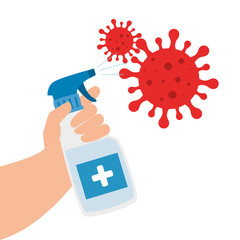 bottle spray sanitizer with particles covid 19 vector illustration design