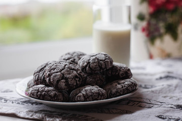 Homemade chocolate cookies with powdered sugar on the plate and glass of milk near the window. Tasty breakfast in the morning.
