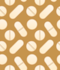 Flat style round and oval beige pills seamless pattern on mustard background
