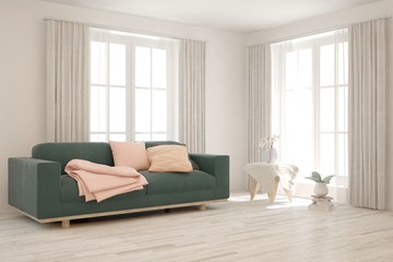White living room with sofa. Scandinavian interior design. 3D illustration
