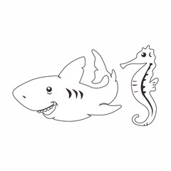 Coloring book with marine animals, sharks and sea horse, Vector Illustration of Sea animals Cartoon - Coloring book