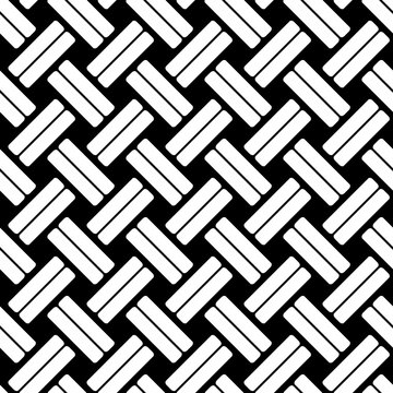 Weave seamless pattern. Woven stripes lattice. Black and white weaving texture. Simple diagonal wicker background. Basket background. Interlacing lines for design prints. Interlace fiber. Vector 