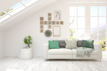 White living room with sofa. Scandinavian interior design. 3D illustration