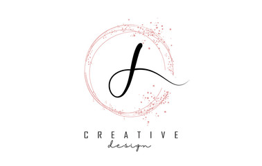 Sparkling circles and dust pink glitter frame for handwritten J letter logo.
