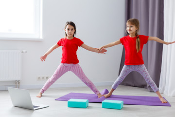 two little girls practicing yoga, stretching, fitness by video on notebook. Distant online...