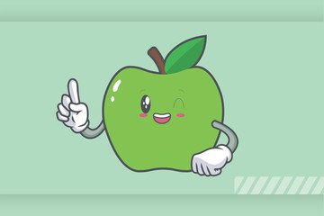 GRINNING WINK, HAPPY, cheerful Face Emotion. Forefinger Hand Gesture. Green Apple Cartoon Mascot Illustration