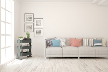 White living room with sofa. Scandinavian interior design. 3D illustration