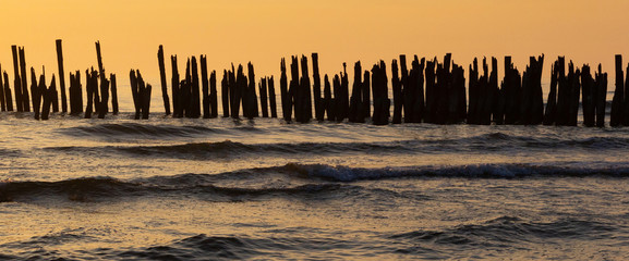 The remains of a wooden pier in the sea in the sunset