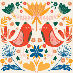 folk art scandinavian colourful pattern with floral and birds vector illustration