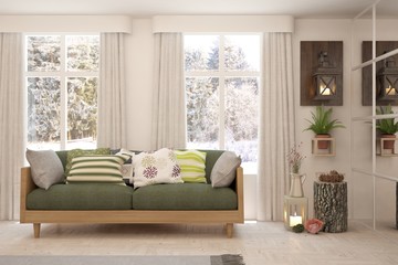 Fototapeta na wymiar White living room with wooden sofa and winter landscape in window. Scandinavian interior design. 3D illustration