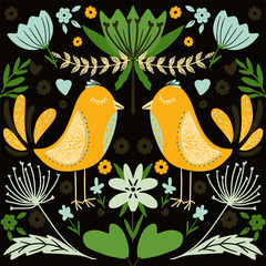 folk art scandinavian colourful pattern with floral and birds vector illustration