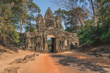 Fototapeta na wymiar Ancient Angkor Wat Ruins Panorama. Front Gate of Angkor Thom. Siem Reap, Cambodia 
