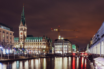 Fototapeta premium Beauty Hamburg city with Alster and Rathaus in night