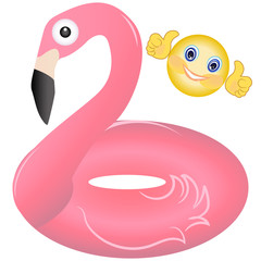 Flamingo inflatable and cheerful smiley - isolated on white background - vector. Summer rest. Let's go to the beach.