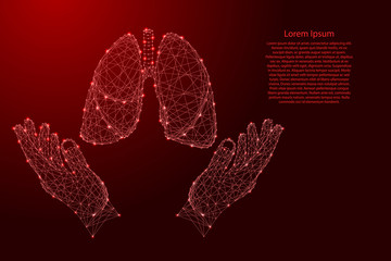 Lungs human organ and two holding, protecting hands from futuristic polygonal red lines and glowing stars for banner, poster, greeting card. Vector illustration.