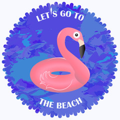 Inflatable flamingo - blue sea - isolated on white background - vector. Summer rest. Let's go to the beach.