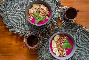 Tropical fruit smoothie top view. Healthy food. Balinese breakfast