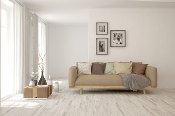 White living room with brown sofa. Scandinavian interior design. 3D illustration