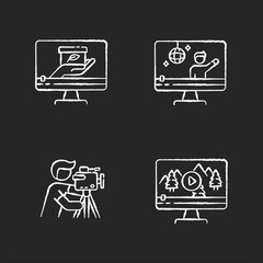 Filmmaking and videography chalk white icons set on black background. Concert streaming. Nature documentary movie. Professional cameraman. Isolated vector chalkboard illustrations