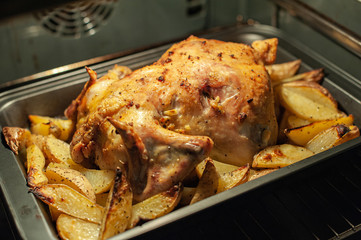Fried chicken with baked potatoes and in the oven