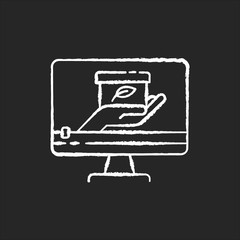 Giveaway video chalk white icon on black background. Free gift giving. Bonus for sharing post. Social network promotion. Digital marketing content. Isolated vector chalkboard illustration