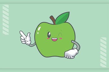 GRINNING WINK, HAPPY, cheerful Face Emotion. Forefinger Hand Gesture. Green Apple Cartoon Mascot Illustration