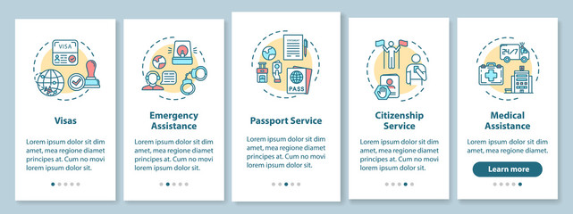 Embassy assistance onboarding mobile app page screen with concepts. Passport help. Social service walkthrough 5 steps graphic instructions. UI vector template with RGB color illustrations
