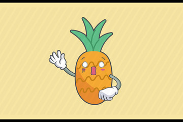 SPACED OUT, SURPRISED, SHOCKED Face Emotion. Waving Hand Gesture. Pineapple Fruit Cartoon Drawn Mascot Illustration.