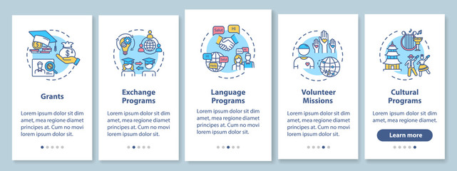 International exchange onboarding mobile app page screen with concepts. Volunteer mission. Education abroad walkthrough 5 steps graphic instructions. UI vector template with RGB color illustrations