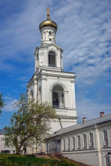 Fototapeta na wymiar Bell tower. Yuryev monastery, region of the city of Novgorod, Russia. Year of construction - 1841