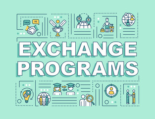 Fototapeta na wymiar Exchange programs word concepts banner. Education in foreign college. School transfer. Infographics with linear icons on mint background. Isolated typography. Vector outline RGB color illustration