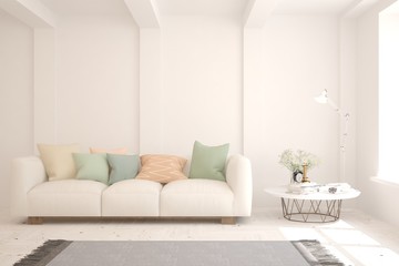 White living room with sofa. Scandinavian interior design. 3D illustration