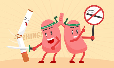 illustration of lungs slay the cigarette with sword and holding no smoking icons board. cute character, comic style, poster campaign world no tobacco day.