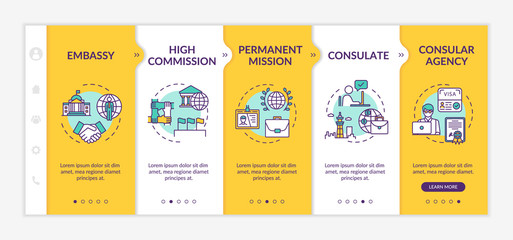 International political representative onboarding vector template. Government cooperation. Responsive mobile website with icons. Webpage walkthrough step screens. RGB color concept