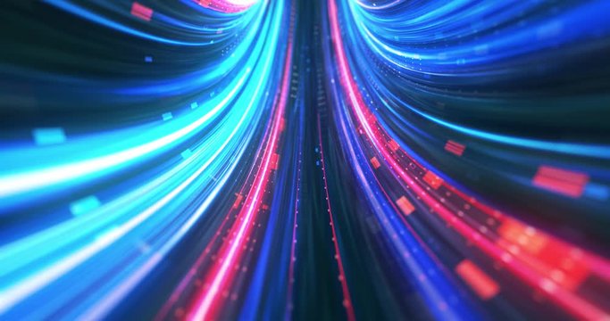 Abstract neon lights Sci-Fi futuristic Hi Tech virtual reality tunnel. Futuristic motion graphic. Ultra violet neon light glow. 4k 3D rendering, Seamless loop