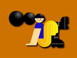 Girl in creative style with unusual proportions and glasses