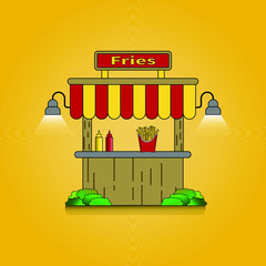 Lighted stall with french fries and sauces