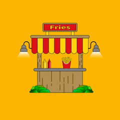 Lantern-lit stall with french fries and sauces