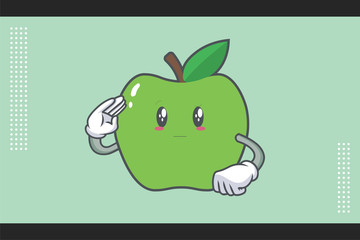 REALLY, ATTENTIVE, Curios Face Emotion. Salute Hand Gesture. Green Apple Cartoon Mascot Illustration