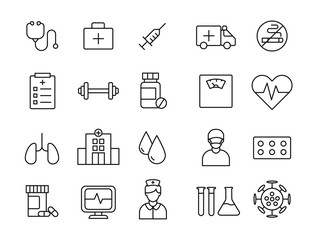 Stroke line icons set of medical. Simple symbols for app development and website design. Vector outline pictogram isolated on a white background. Pack of stroke icons.