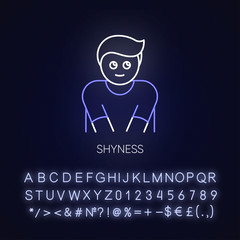 Shyness neon light icon. Person feeling awkward. Man embarrassed. Low self esteem. Outer glowing effect. Sign with alphabet, numbers and symbols. Vector isolated RGB color illustration