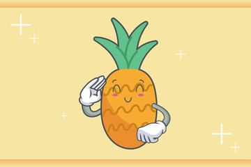 SMILING, HAPPY, RELIEVED Face Emotion. Salute Respect Hand Gesture. Pineapple Fruit Cartoon Drawn Mascot Illustration.