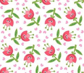 Cute cartoon flower characters with hearts in flat style seamless pattern. Floral childlike style mosaic background. Vector illustration.      