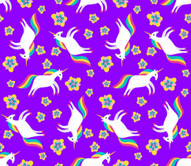Obraz na płótnie Canvas Cute cartoon unicorn with flowers in flat childlike style seamless pattern. Bright fantasy mosaic background. Vector illustration. 
